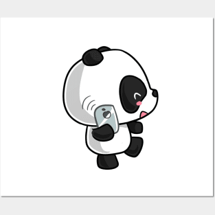 Kawaii panda on the phone Posters and Art